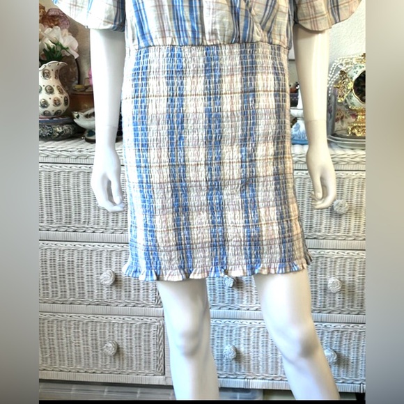 Sezane Robe Corte Olga Cotton Linen Check dress Carreaux Bleu Camel Size 6 NWT - Picture 4 of 14